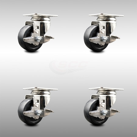 Service Caster 3.5 Inch 316SS Soft Rubber Wheel Swivel Top Plate Caster Set with Brake SCC SCC-SS31620S3514-SRS-TLB-4